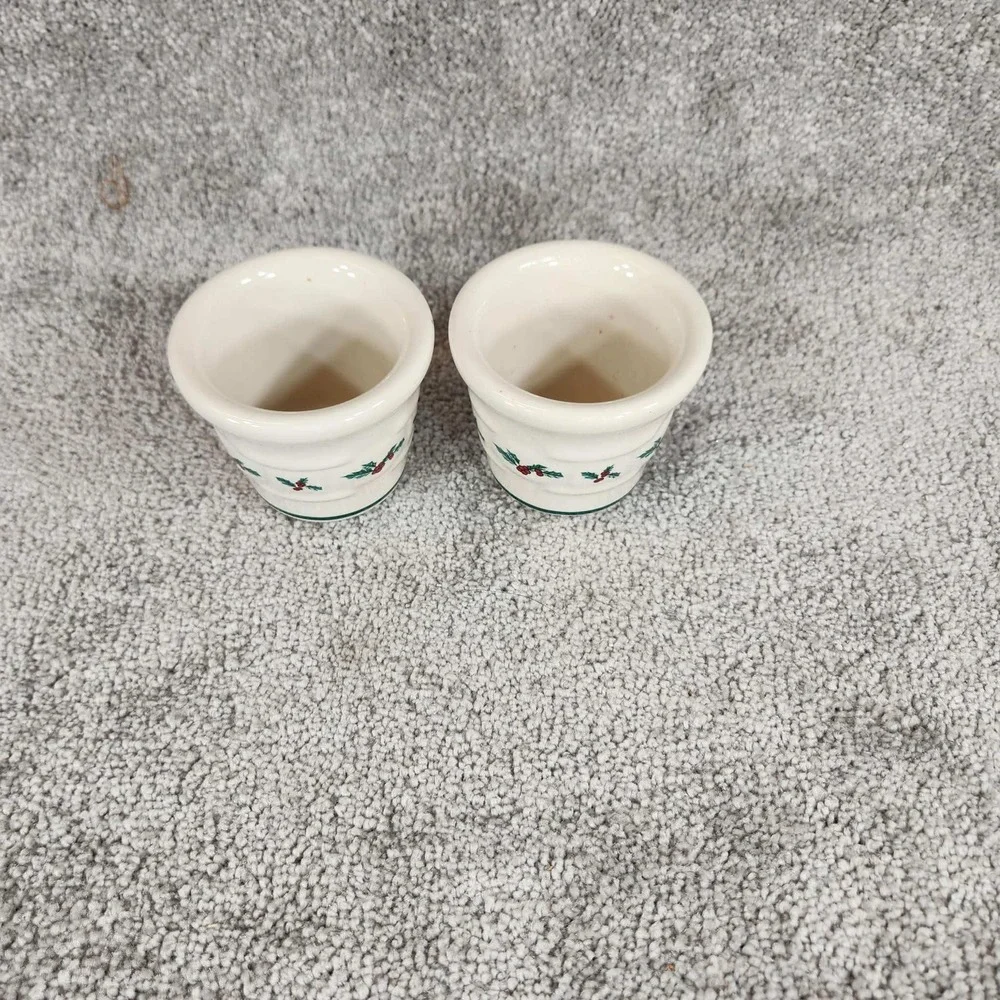Longaberger Votive Cups Ivory Christmas Holly Pottery Set of‎ 2